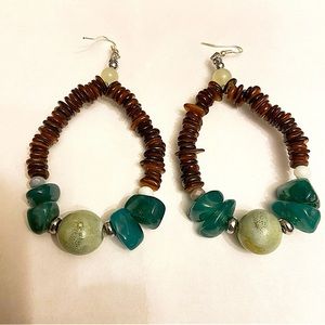 Women Artisan Large Hoop Earrings in Green and Brown Glass Chips.
